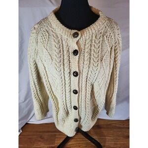 Vintage Irish Fisherman Cardigan Large Aran Hand Knit Wool Jumper Ireland Cream